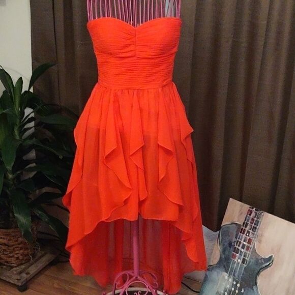 Arden B Neon Orange Strapless Asymmetrical Dress - Picture 1 of 8